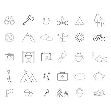 Camping activities line icons on the white backgroundのイラスト素材