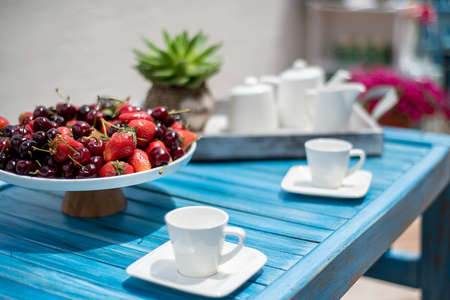 Breakfast served with fruit plate and tea set