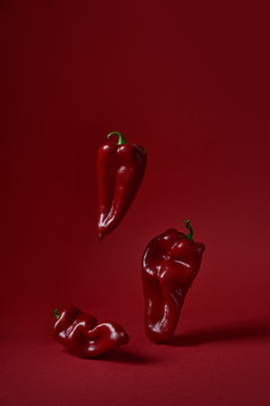 Three red peppers on a red background