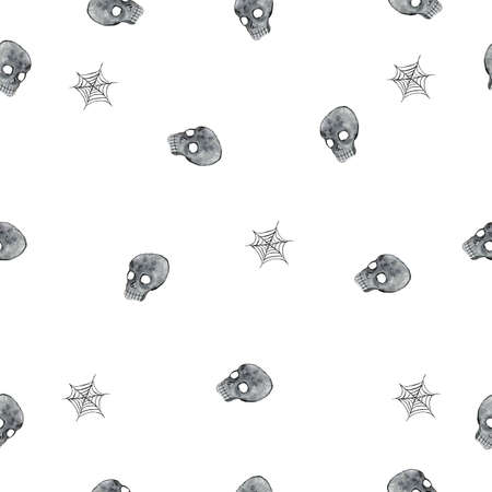 Watercolor pattern for Halloween.Set of spider webs, skulls.の写真素材