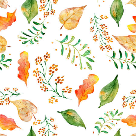 The autumn pattern. Floral, leaves texture. Design for printing. The decor of the Wallpaper, the bedding. Watercolor drawing.の写真素材