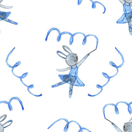 Pattern of a watercolor dancing Bunny. Rabbit in a ballet dress.の写真素材