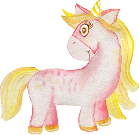 Watercolor illustration unicorn with a yellow horn and mane. White isolated background.の写真素材