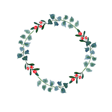 Christmas wreath with Christmas tree, red winter berries. Winter wreath painted by . Hand painted holidays with flowers, leaves isolated on white background. New year illustration for design, print, background.の写真素材