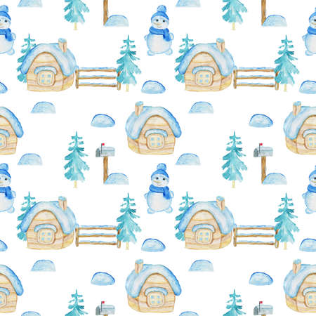 Seamless pattern Watercolor Christmas winter houses with windows and snow on the roof. Christmas...