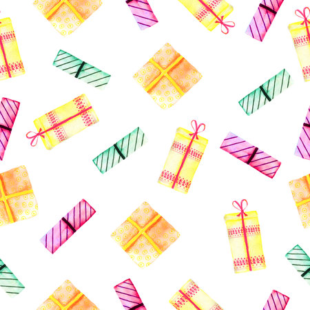 Watercolor seamless pattern with gift boxes, ribbons. Paper wrapper. Print for fabricの写真素材