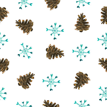 Watercolor seamless background with winter elements. Christmas Pattern. Elements with Cones snowflakes Wrapping paper. The texture for the fabric.の写真素材