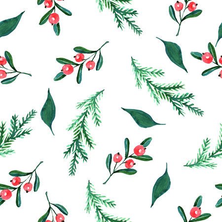 Watercolor seamless background with winter elements. Christmas Pattern. Elements Green twigs, red berries. Wrapping paper. The texture for the fabric.の写真素材