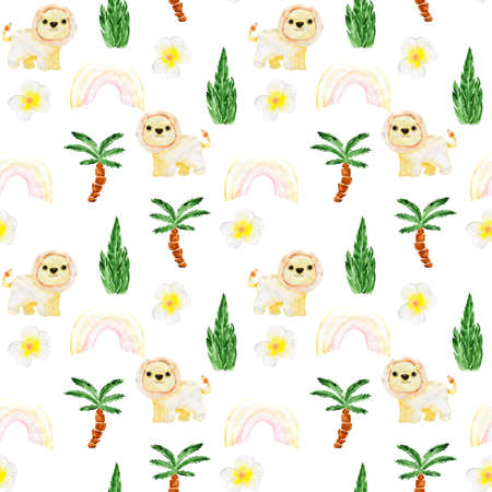 Watercolor pattern with a lion. Seamless texture with African animals. Childrens illustration.の写真素材