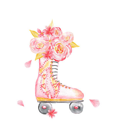 Collection of watercolors for Valentines Day. Isolated on white. Roller skates and a bouquet of flowers.の写真素材
