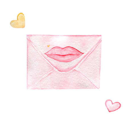 Watercolor illustration for Valentines Day. Isolated on white. The envelope and the lips.