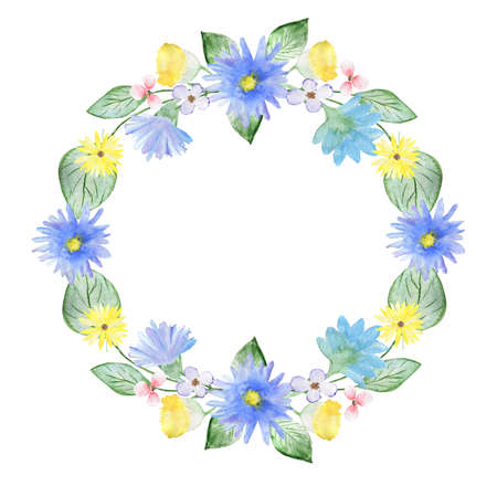 Greeting frames and wreaths. Watercolor flowers and greenery. Postcards for the holiday.の写真素材