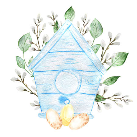 Watercolor Easter birdhouse with eggs and willow. Illustration on an isolated white background.の写真素材
