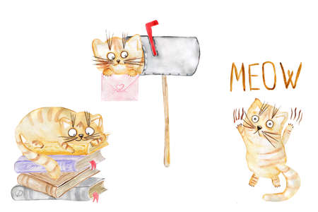 Watercolor set of cats. Pets. Cat in different poses. Funny kitten.の写真素材