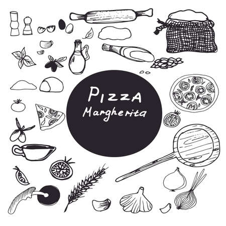 Vector drawing of pizza Margarita. Recipe for a hand-drawn illustration.のイラスト素材