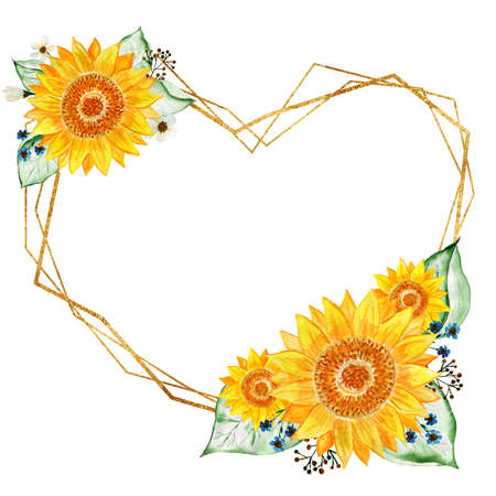 Gold frames with elements of sunflowers and leaves. Bouquet of sunflowers. Watercolor flower arrangement. Illustration for invitations and postcards.の写真素材