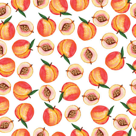 Watercolor peach, nectarine, seamless pattern on a white background. Hand drawn fresh food design elements isolated on a white background.の写真素材
