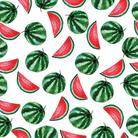 Watercolor seamless watermelon pattern on white background. Hand drawn fresh food design elements.