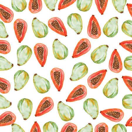 Watercolor seamless papaya pattern on white background. Hand drawn fresh food design elements. Bright interior and graphic design.の写真素材