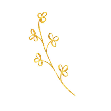Gold branch, linear leaves and seeds. Hand painted isolated on white background. Vector.のイラスト素材