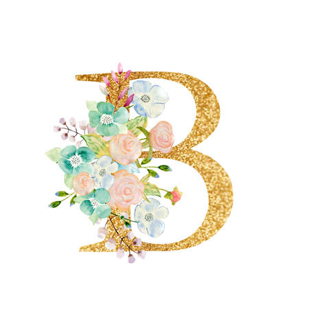 Watercolor floral bouquet and alphabet - gold letter B with flowers composition. Gold alphabet letter on white background.の写真素材