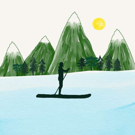 The silhouette of a man on a board with a paddle. Sailing sport. Mountain landscape. Forest. Active recreation. Illustration for invitations, postcards, banners, posters. Design for printing.の写真素材
