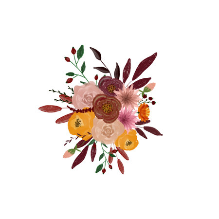 Autumn illustration. Composition for decoration. Flowers for design and decoration. Drawing for postcards and invitations. Birthday. School. Wedding design element.の写真素材