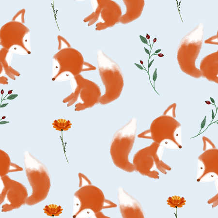 Seamless pattern with a fox . Design for a holiday. Printing for wrapping paper. An illustration for printing. Childrens composition. Texture for fabric and paper.の写真素材