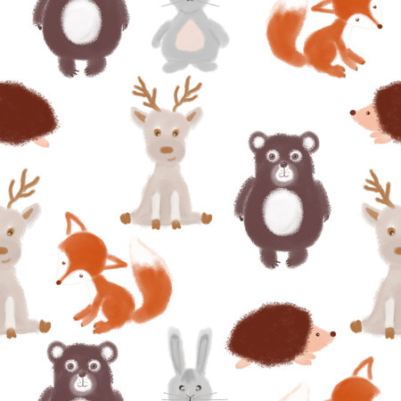 Seamless pattern with forest animals. Bear, hedgehog, bunny, fox, moose. Design for a holiday. Printing for wrapping paper. An illustration for printing. Children's composition. Texture for fabric.の写真素材
