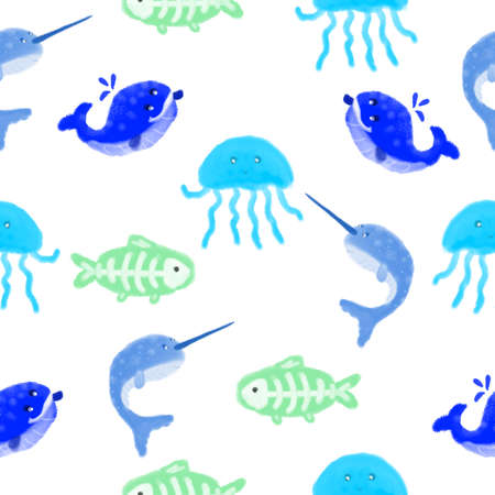 Seamless pattern with marine life. Narwhal, whale, X-ray fish, octopus, jellyfish. Design for a holiday. Printing for wrapping paper. An illustration for printing. Children's composition. Texture for fabric .の写真素材