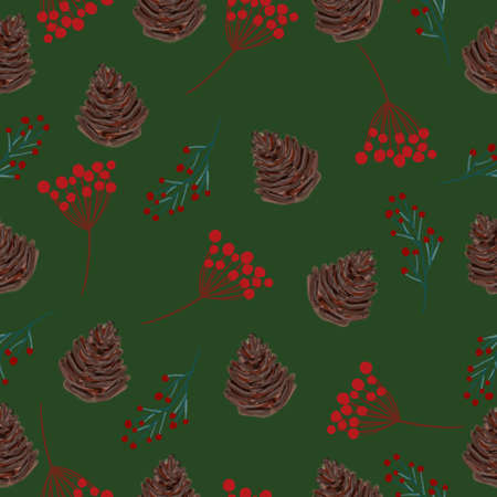Seamless Christmas pattern with berries and leaves. Texture for wrapping paper. Print for printing. Festive drawing.の写真素材