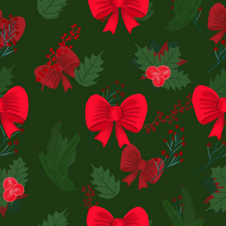 Seamless Christmas pattern with berries and leaves. Texture for wrapping paper. Print for printing....