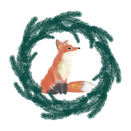 A frame of leaves and branches and a fox. A wreath. New Years card. Invitations. Congratulatory illustration. Design for a holiday. Illustration for postcards.の写真素材