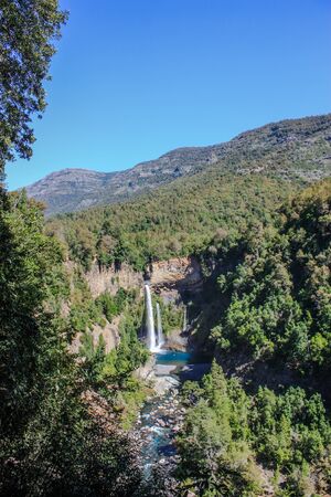 Waterfall Velo de la Novia (Bride's Veil) in Radal Siete Tazas National Park in Maule, Chile.の写真素材