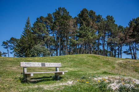 Whangamata, New Zealand - October 25, 2014: Memorial seat at Whangamata beach, North Island, New Zealand.のeditorial素材