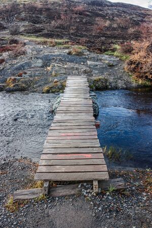 Torres del Paine, Chile - May 14, 2012: Momentary bridge use after the fire in the Torres del Paine National Parkのeditorial素材