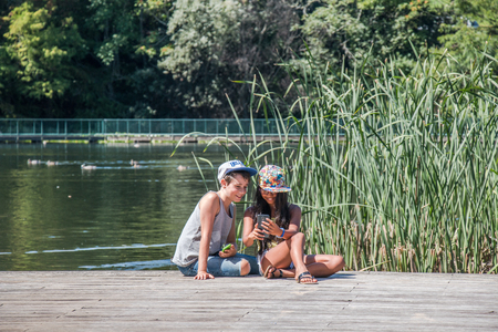 Hamilton, New Zealand - February 26, 2017: Kids enjoying Hamilton Gardens, New Zealand.のeditorial素材