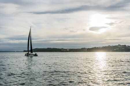 Auckland, New Zealand - May 23, 2017: Frank Racing catamaran sails for training session in Auckland harbour.のeditorial素材