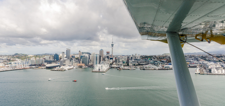 Auckland, New Zealand - May 24, 2017:  Panoramic aerial view of the Auckland city downtown