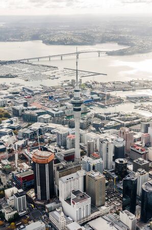 Auckland, New Zealand - May 24, 2017:  Panoramic aerial view of the Auckland city downtown