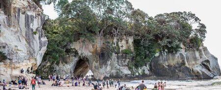Coromandel, New Zealand - June 04, 2017: Busy day at Cathedral Cove in Coromandel Peninsula on the...