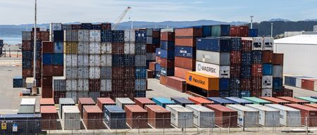 Wellington, New Zealand - December 23, 2017: View of CentrePort Wellington. New Zealand's intermodal hub, road, rail, domestic and international shipping services.のeditorial素材