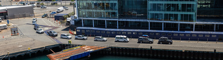Wellington, New Zealand - December 23, 2017: Cars waiting to board Bluebridge ferry in Wellington,...