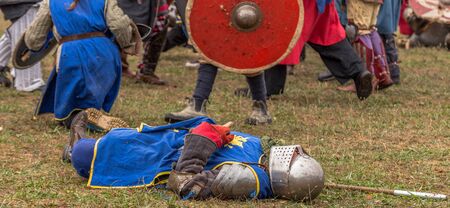 Levin, New Zealand - February 10, 2018: Reenactors battle at a medieval market in Levin showgrounds, New Zealand.のeditorial素材