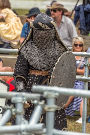 Levin, New Zealand - February 10, 2018: Authentic armour costume at a medieval market in Levin showgrounds, New Zealand.のeditorial素材
