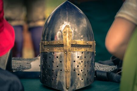 Iron helmet of a medieval knightの写真素材