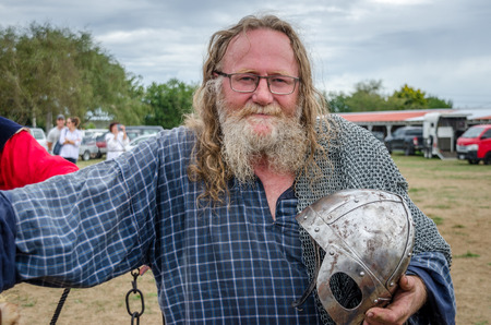 Levin, New Zealand - February 10, 2018: a reenactor poses for a picture at a medieval market in...