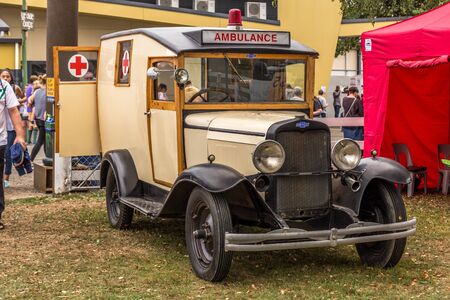Levin, New Zealand - February 10, 2018: Vintage ambulance on display at a medieval market in Levin showgrounds, New Zealand.のeditorial素材