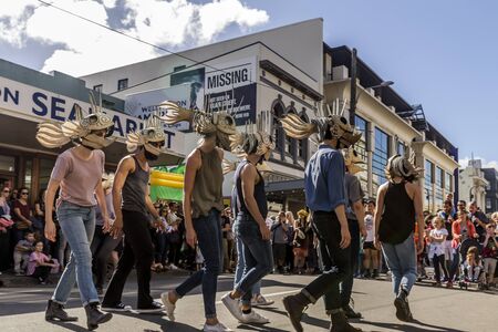 Wellington, New Zealand - March 25, 2018: Fish Head Dance, a theatre dance group performing at Cuba Dupa 2018 street festival in Wellington, New Zealandのeditorial素材