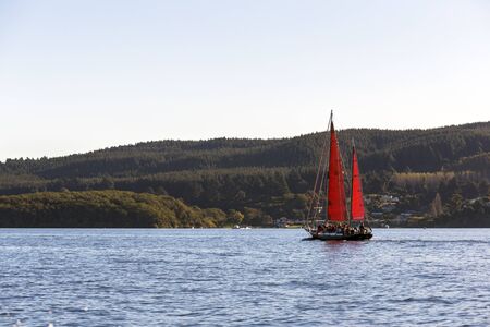 Taupo, New Zealand - March 30, 2018: Yacht sail boats sailing over Lake Taupo, New Zealandのeditorial素材